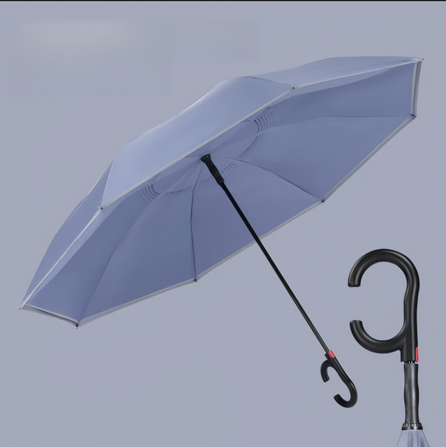 Neuer umgekehrter Auto-Regenschirm mit Logo, individueller Doppelschicht-Inside-Out-C-förmiger Griff-Design, umgekehrter, faltbarer umgekehrter Regenschirm
