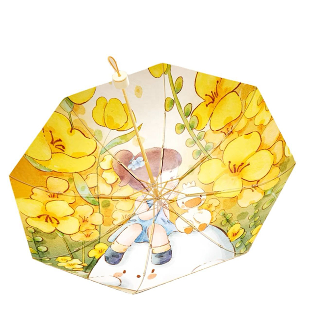 Dreifach gefalteter Regenschirm mit Holzgriff, frischer, schwarzer Klebstoff-Sonnenschutzschirm für Mädchen, sonniger Regenschirm, bedrucktes Logo